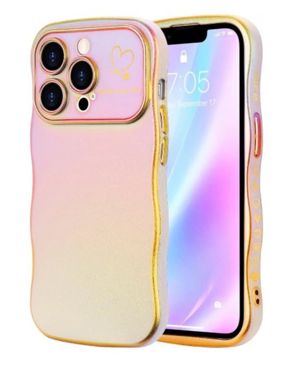 Pink Gold Gradient Phone Case with Heart Accent IPhone 16 Shockproof
